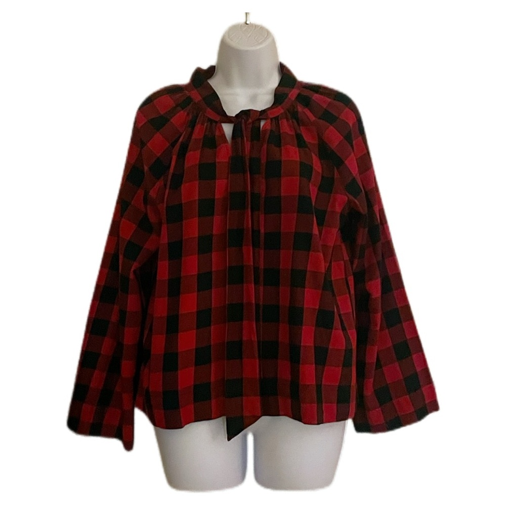 Madewell Tie-Neck Buffalo Plaid Long Sleeve Blouse